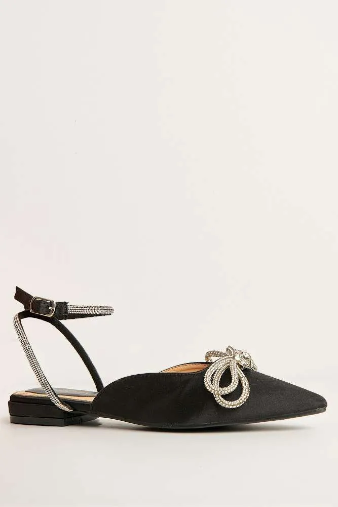 Bella Flat Diamante Bow & Strap Sliders in Black
