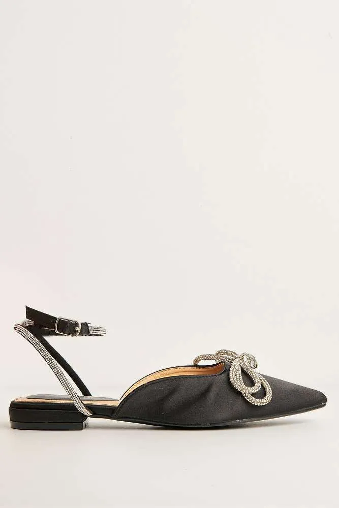 Bella Flat Diamante Bow & Strap Sliders in Black