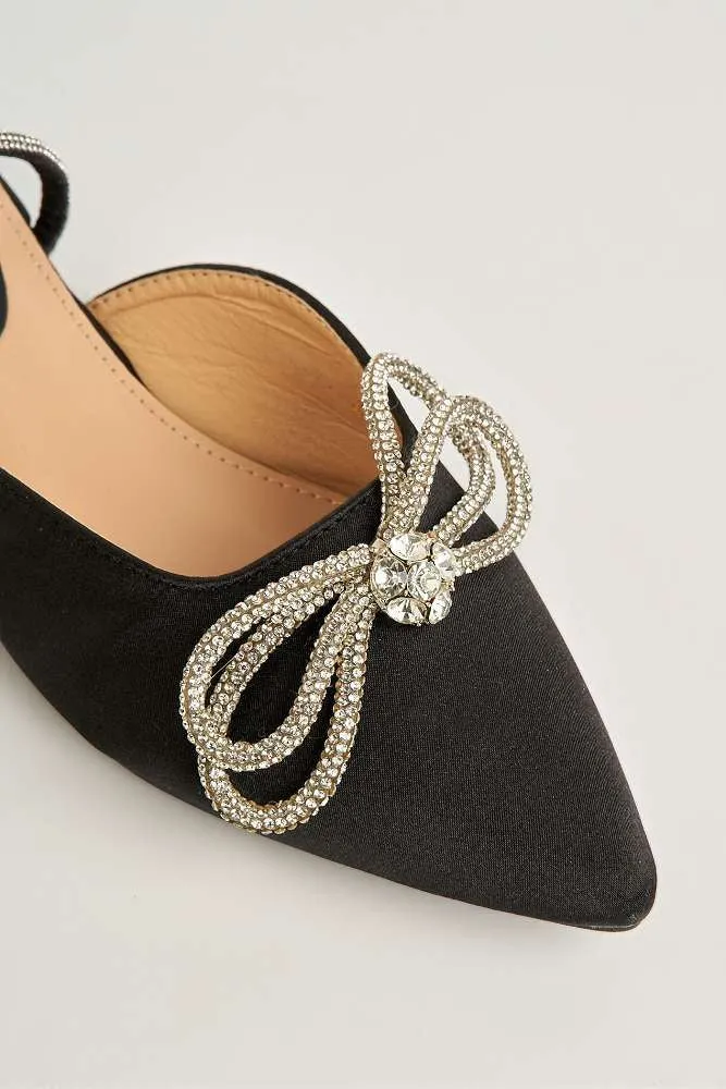 Bella Flat Diamante Bow & Strap Sliders in Black