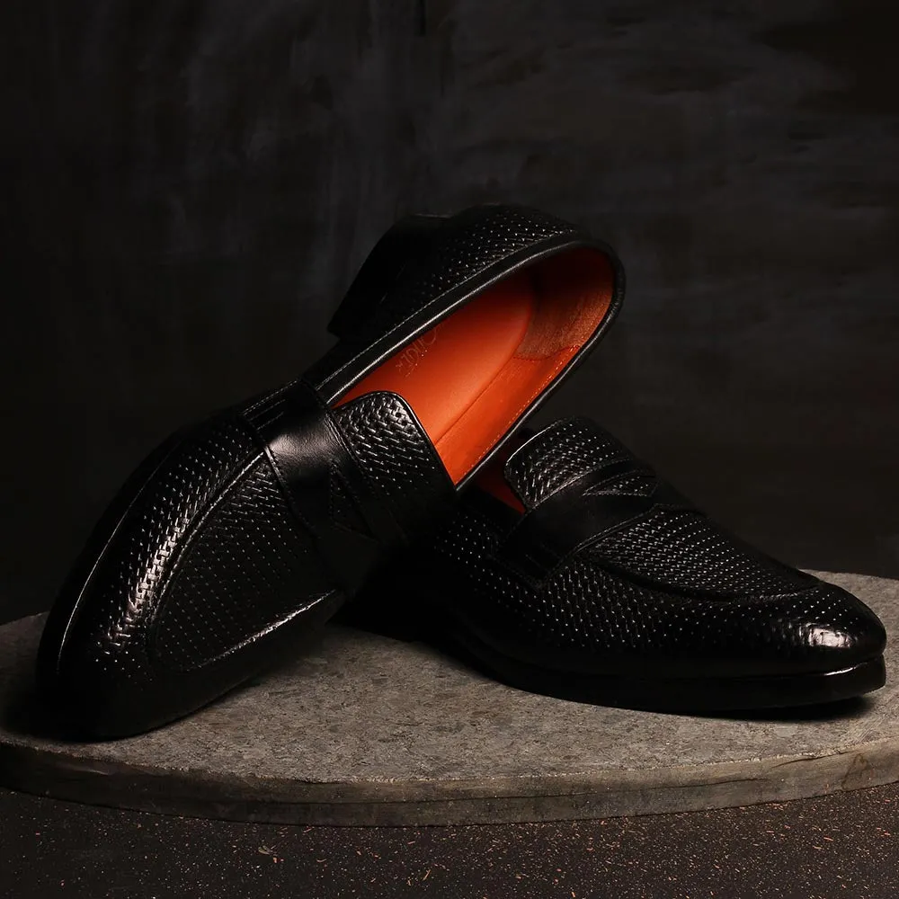 Black Glossed Woven detail Penny Loafers