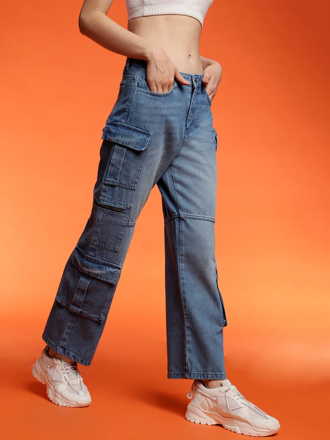 Blue Baggy Cargo Fit Denim Jeans