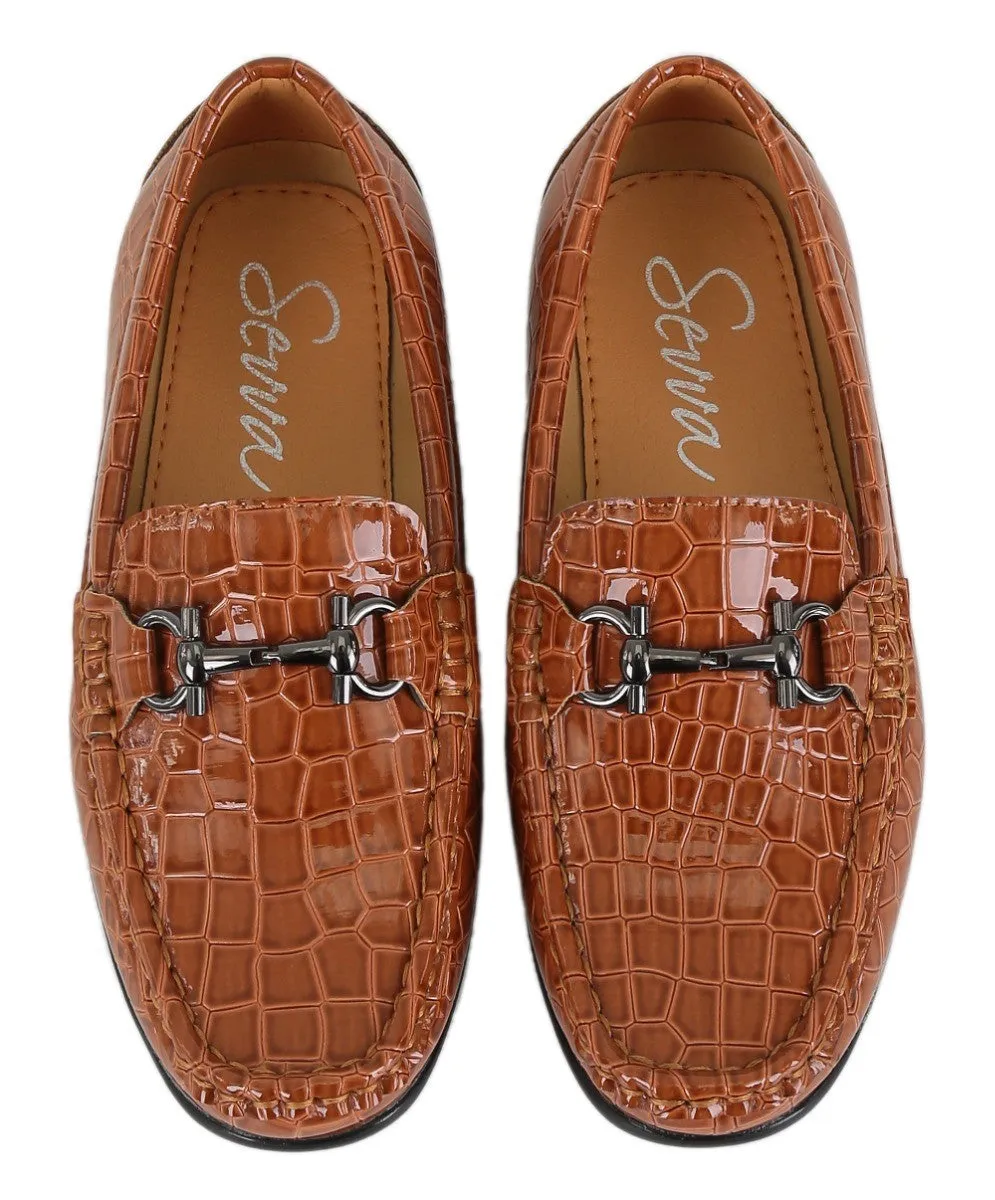 Boys Crocodile Slip on Patent Loafer Mocassin - ROBIN - Tan Brown