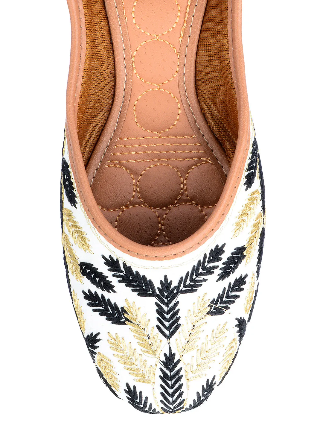 DESI COLOUR Women Black  White Embroidered Ethnic Mojaris Flats