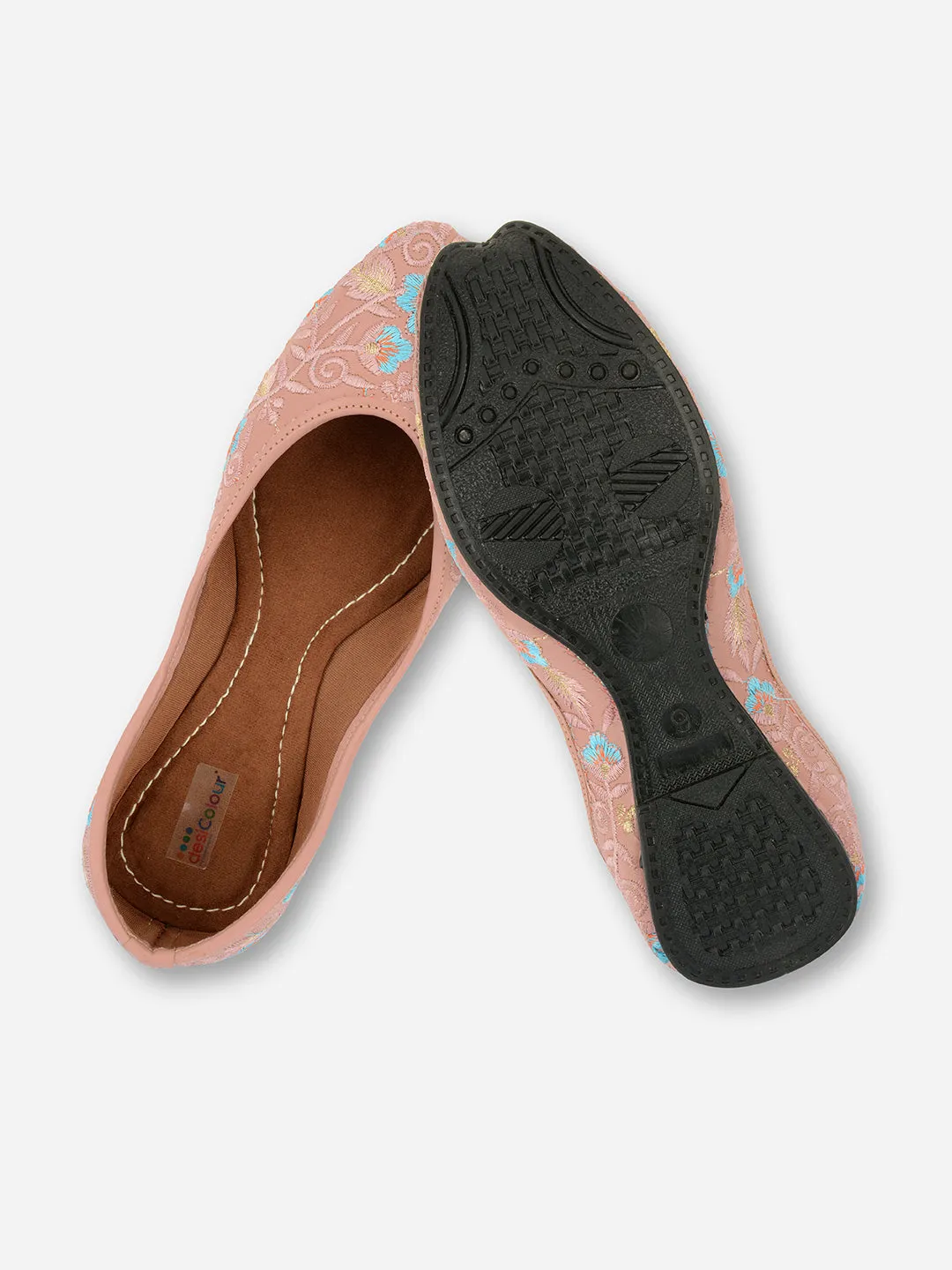 DESI COLOUR Women Peach-Coloured Printed Leather Ethnic Ballerinas Flats