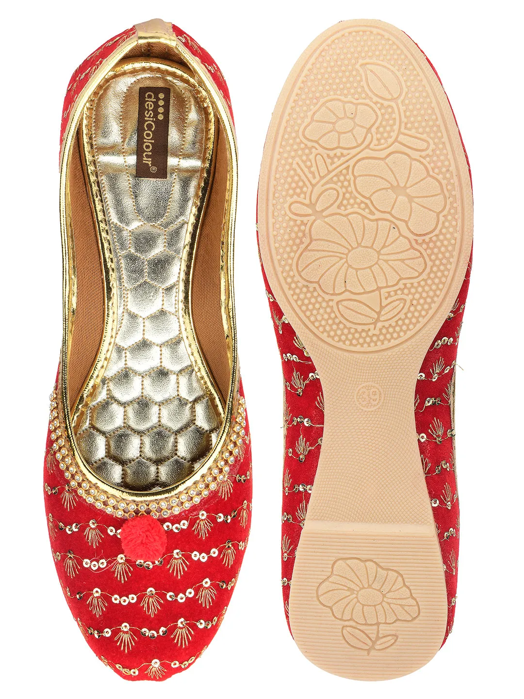 DESI COLOUR Women Red Printed Ethnic Ballerinas Flats