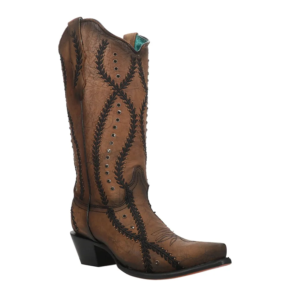 Embroidered Studded Snip Toe Pull On Cowboy Boots