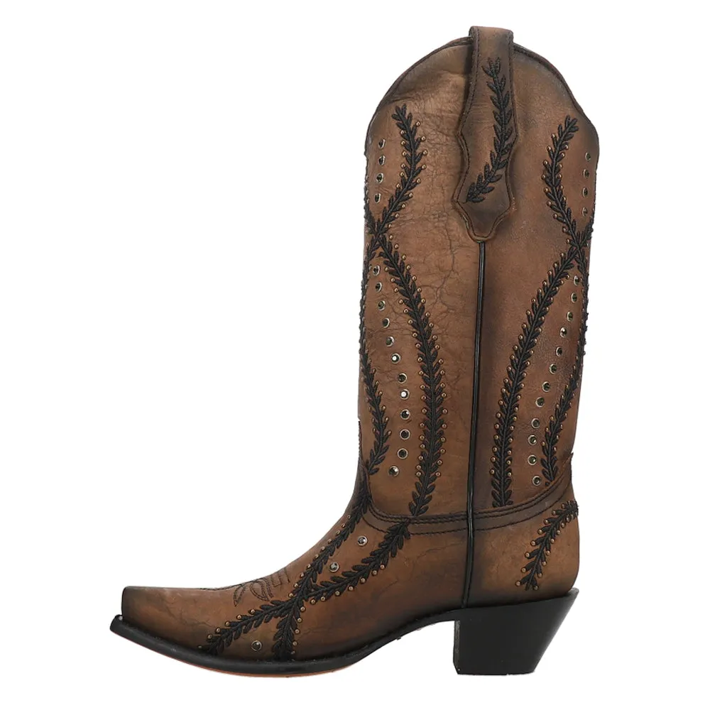 Embroidered Studded Snip Toe Pull On Cowboy Boots