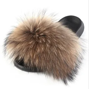 Luxury Raccoon Fur Slippers: Top-Brand, Lovely, Flat Shoes