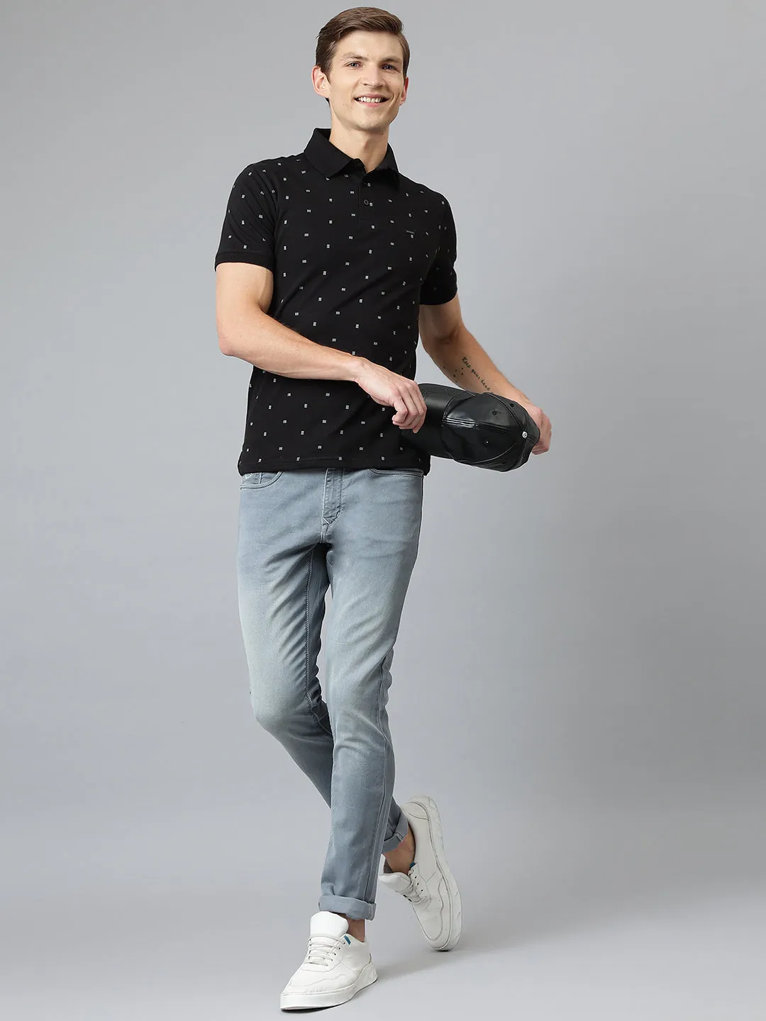 Men Black Regular Fit Printed Polo Neck T-Shirt