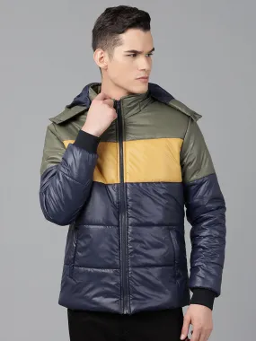 Men Navy Regular Fit Puffer Color Blocked Hooded Jacket