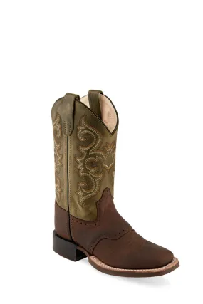 Old West Brown/Green Children Boys Leather Cowboy Boots 8.5D