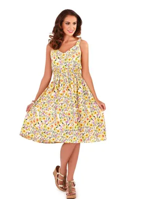 Pistachio Floral Print Yellow & White Pretty Summer Dress D526