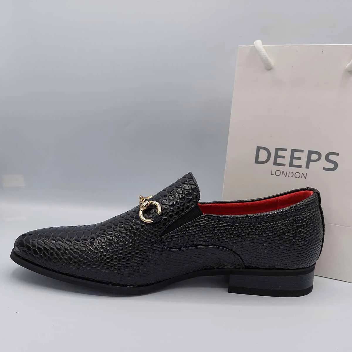 SANSON MENS CROC PATENT SHINY SLIP ON MOCCASIN LOAFERS WITH GOLD BUCKLE AND LEATHER LINING