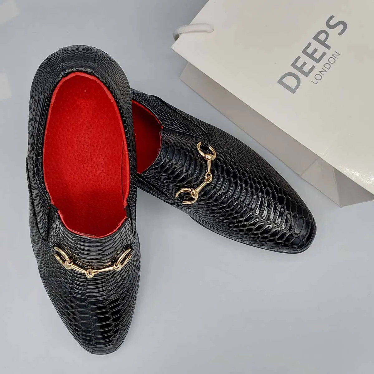 SANSON MENS CROC PATENT SHINY SLIP ON MOCCASIN LOAFERS WITH GOLD BUCKLE AND LEATHER LINING