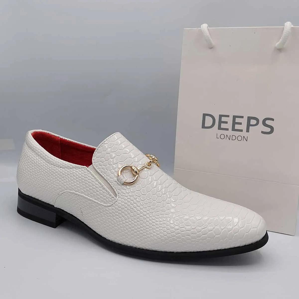 SANSON MENS CROC PATENT SHINY SLIP ON MOCCASIN LOAFERS WITH GOLD BUCKLE AND LEATHER LINING