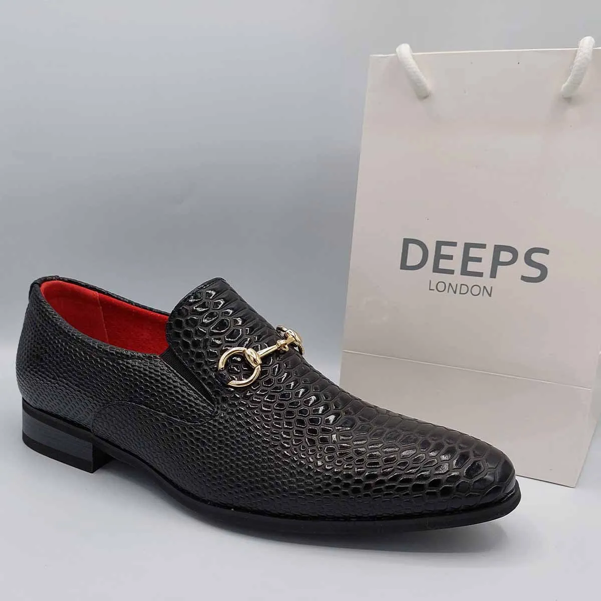 SANSON MENS CROC PATENT SHINY SLIP ON MOCCASIN LOAFERS WITH GOLD BUCKLE AND LEATHER LINING
