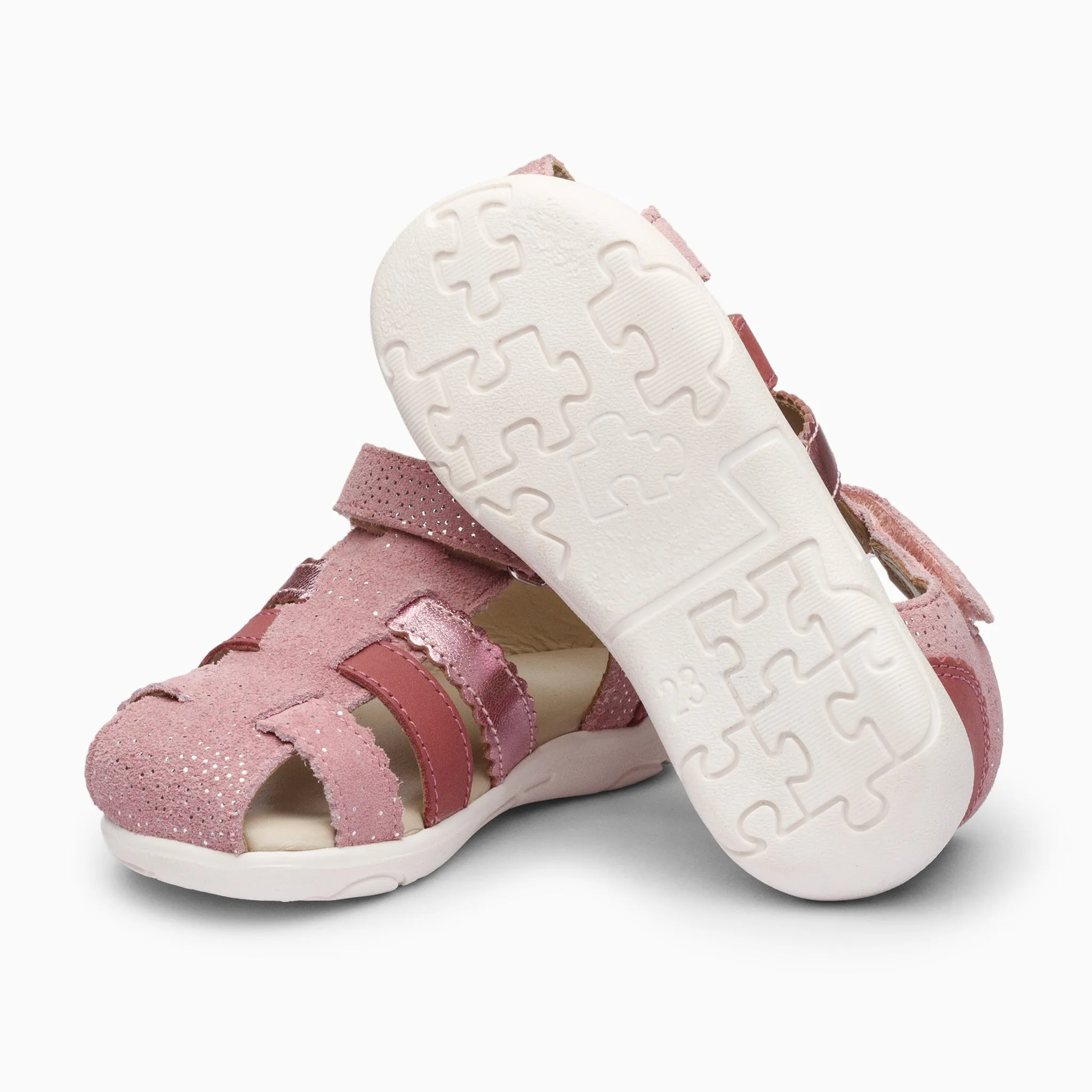 Single Strap Trio Kids Leather Sandals - Glitter Pink