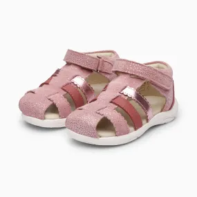 Single Strap Trio Kids Leather Sandals - Glitter Pink