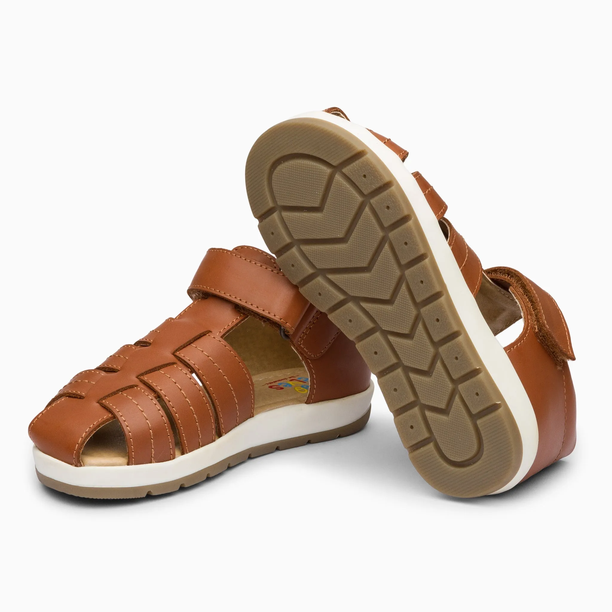 Single Strap Trio Kids Leather Sandals - Tan Brown