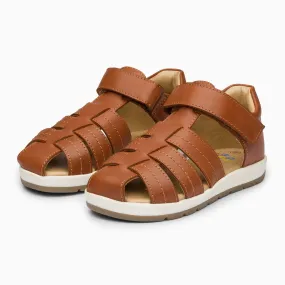 Single Strap Trio Kids Leather Sandals - Tan Brown