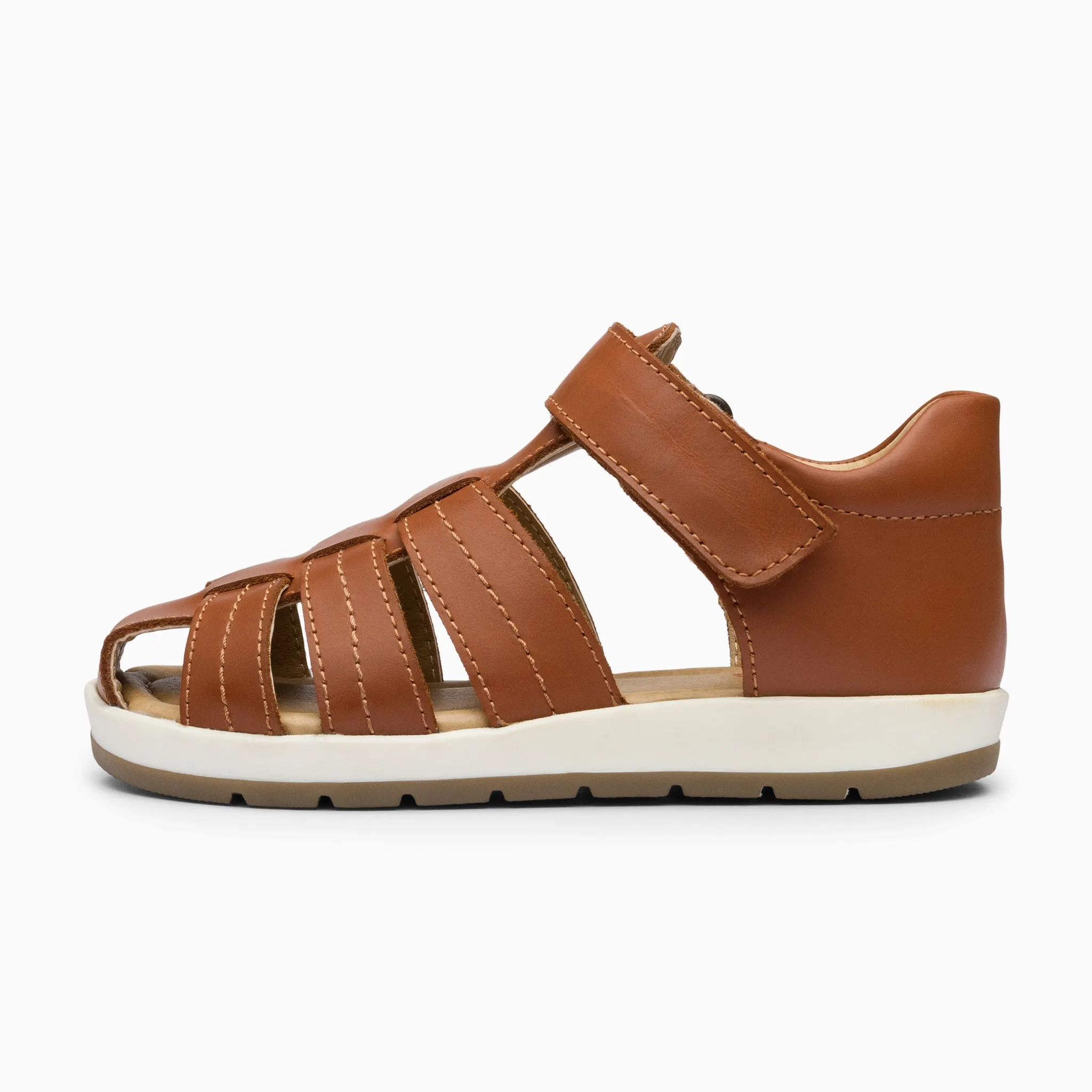Single Strap Trio Kids Leather Sandals - Tan Brown