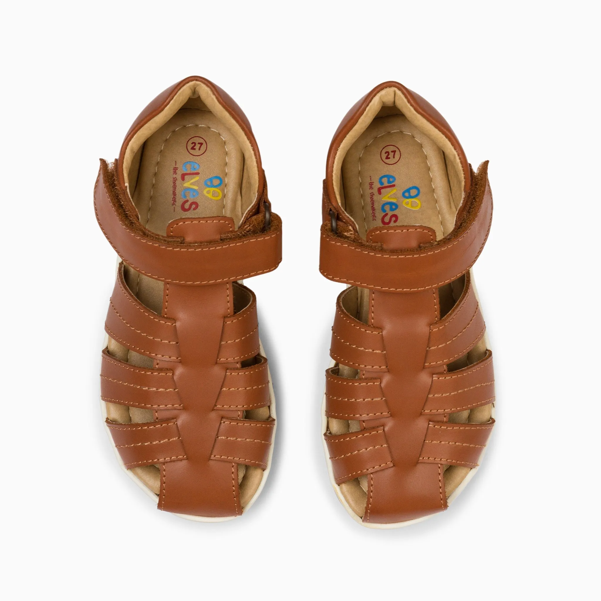 Single Strap Trio Kids Leather Sandals - Tan Brown