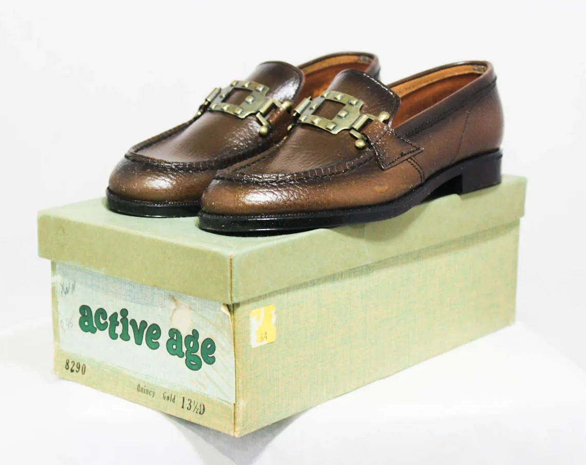 Size 4 Boys Shoes - Authentic 1960s Brown Leather Loafers - Child Size Boy's 4 D - Chunky Mod Buckle - Preppy NOS Deadstock in Box NIB