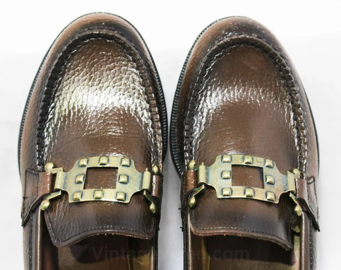 Size 4 Boys Shoes - Authentic 1960s Brown Leather Loafers - Child Size Boy's 4 D - Chunky Mod Buckle - Preppy NOS Deadstock in Box NIB