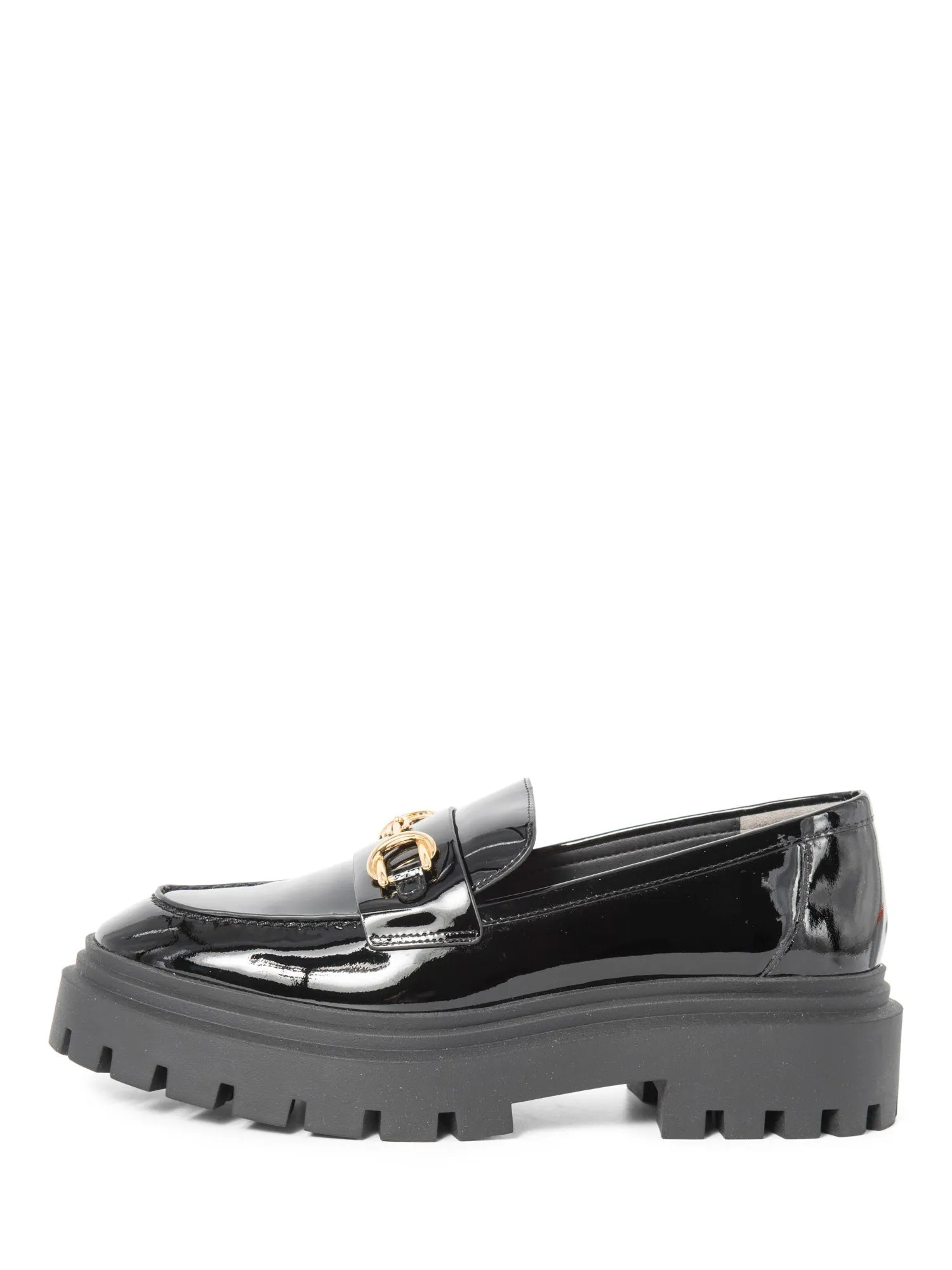 Stuart Weitzman Patent Leather Gold Horsebit Platform Loafers Black