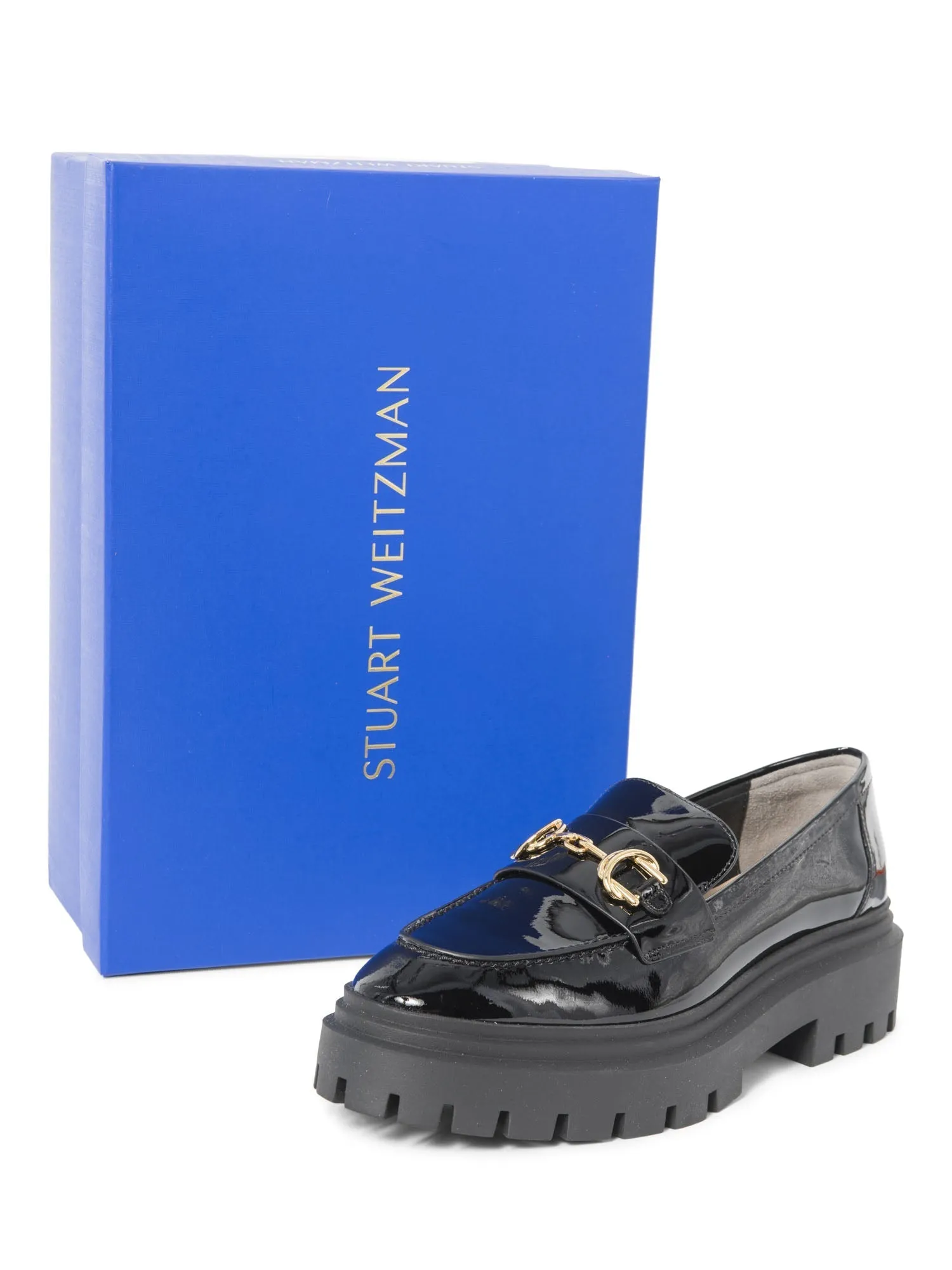 Stuart Weitzman Patent Leather Gold Horsebit Platform Loafers Black