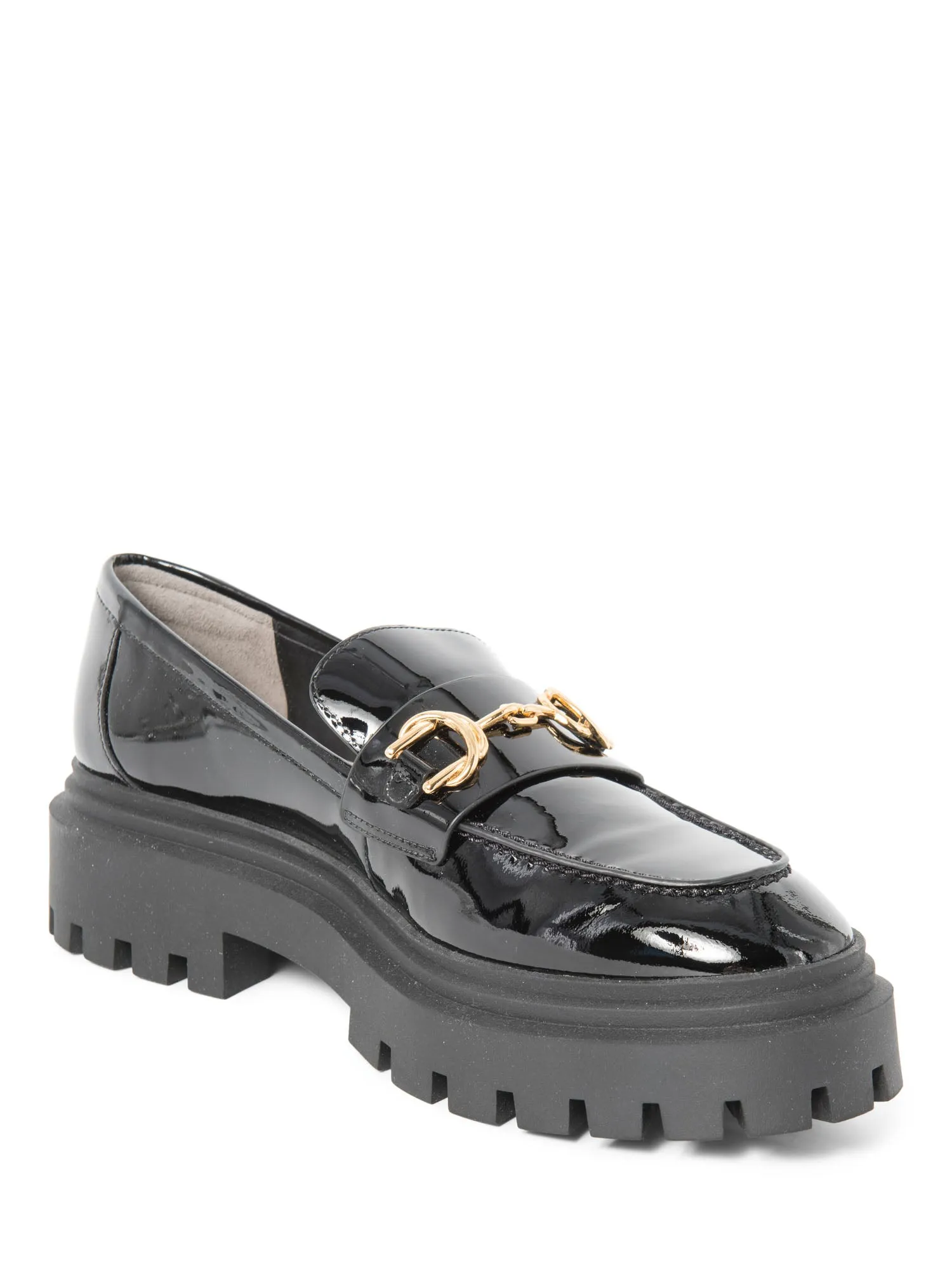 Stuart Weitzman Patent Leather Gold Horsebit Platform Loafers Black