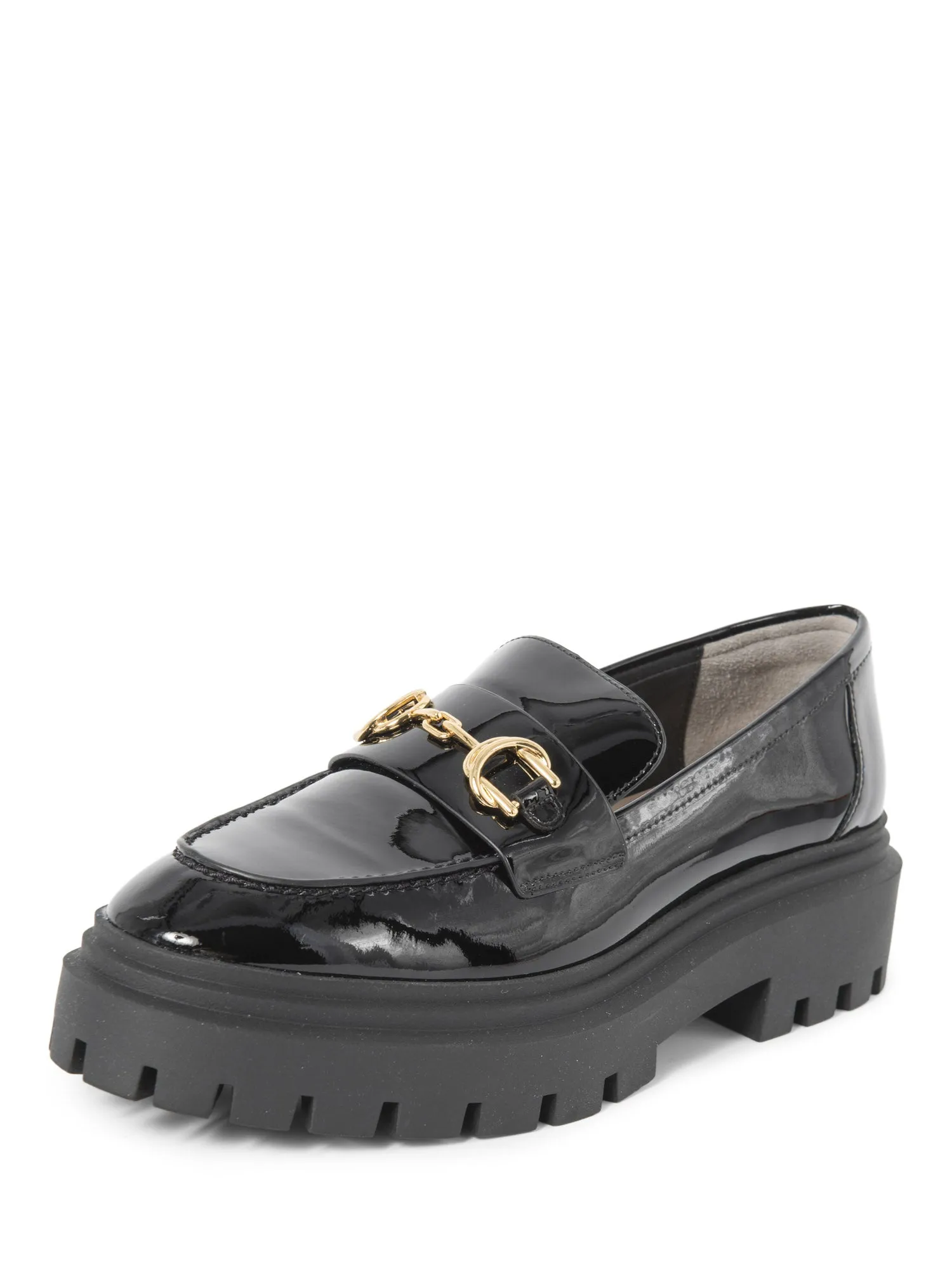 Stuart Weitzman Patent Leather Gold Horsebit Platform Loafers Black