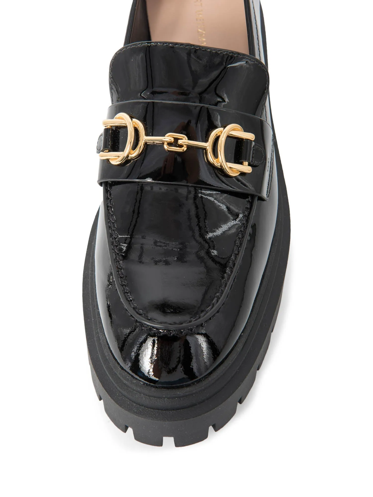 Stuart Weitzman Patent Leather Gold Horsebit Platform Loafers Black