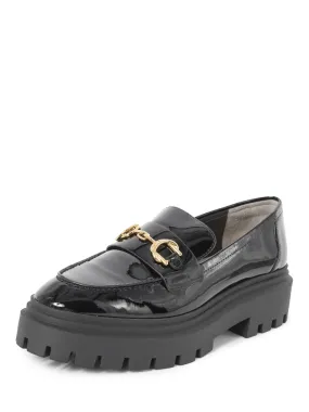 Stuart Weitzman Patent Leather Gold Horsebit Platform Loafers Black