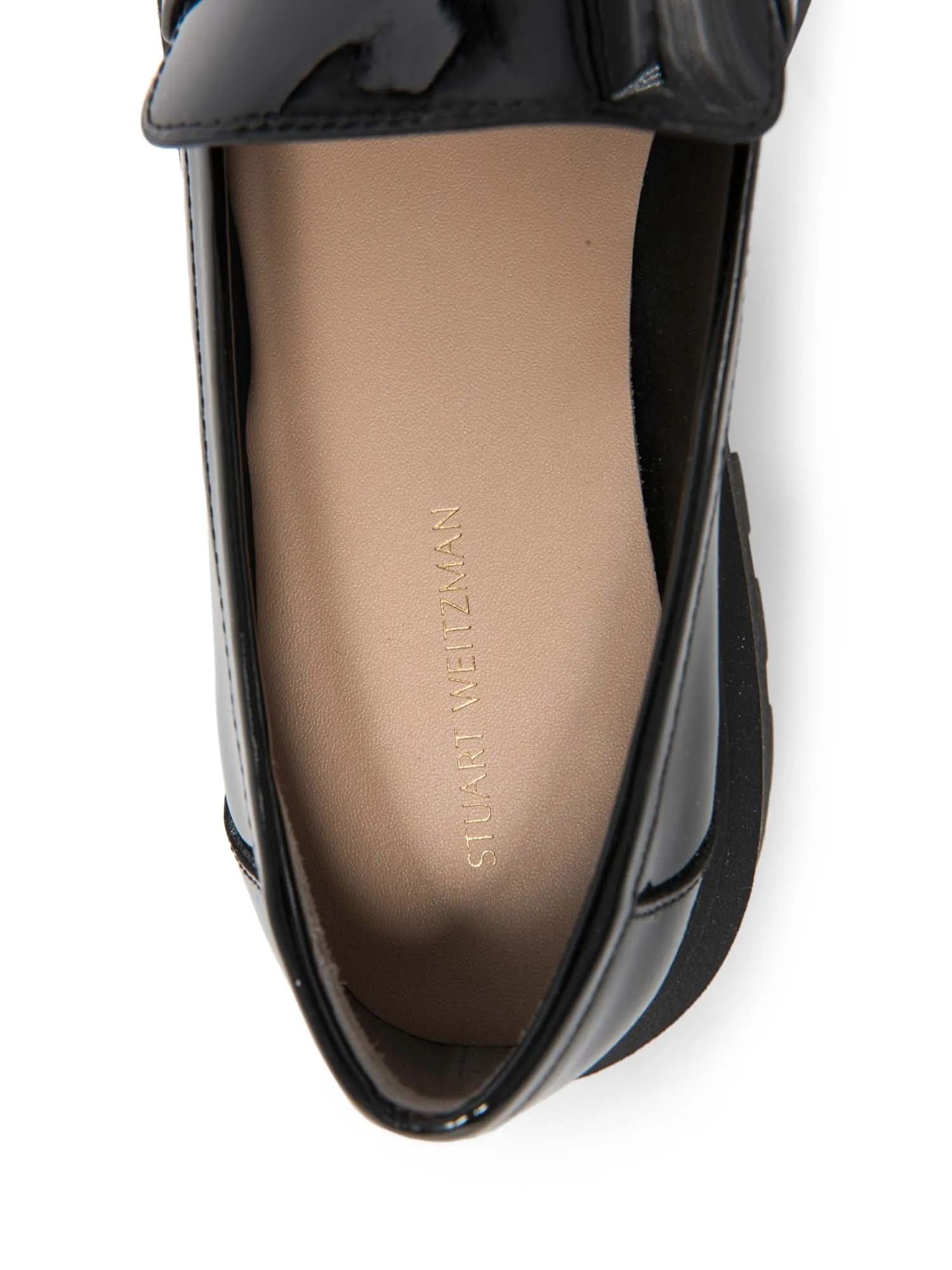 Stuart Weitzman Patent Leather Gold Horsebit Platform Loafers Black
