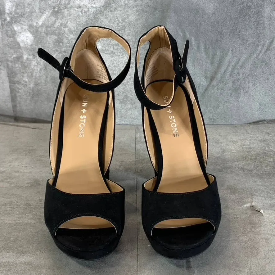 SUN STONE Women's Black Micro Reeta Block-Heel Ankle Strap Platform Heels SZ 7