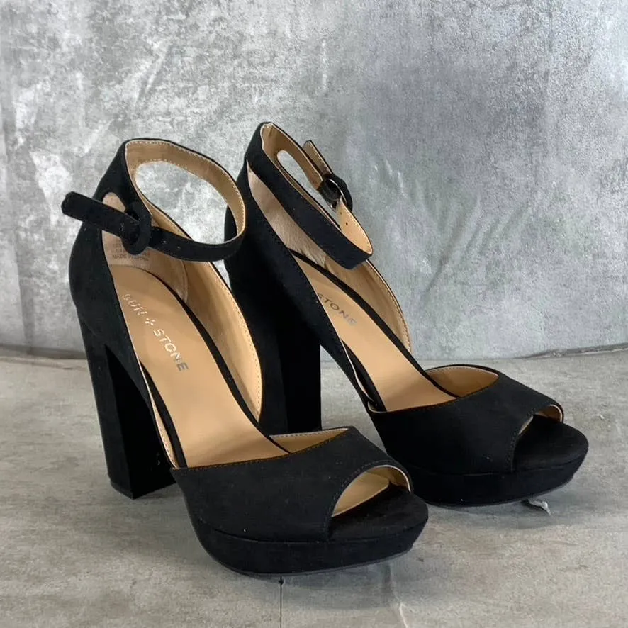 SUN STONE Women's Black Micro Reeta Block-Heel Ankle Strap Platform Heels SZ 7