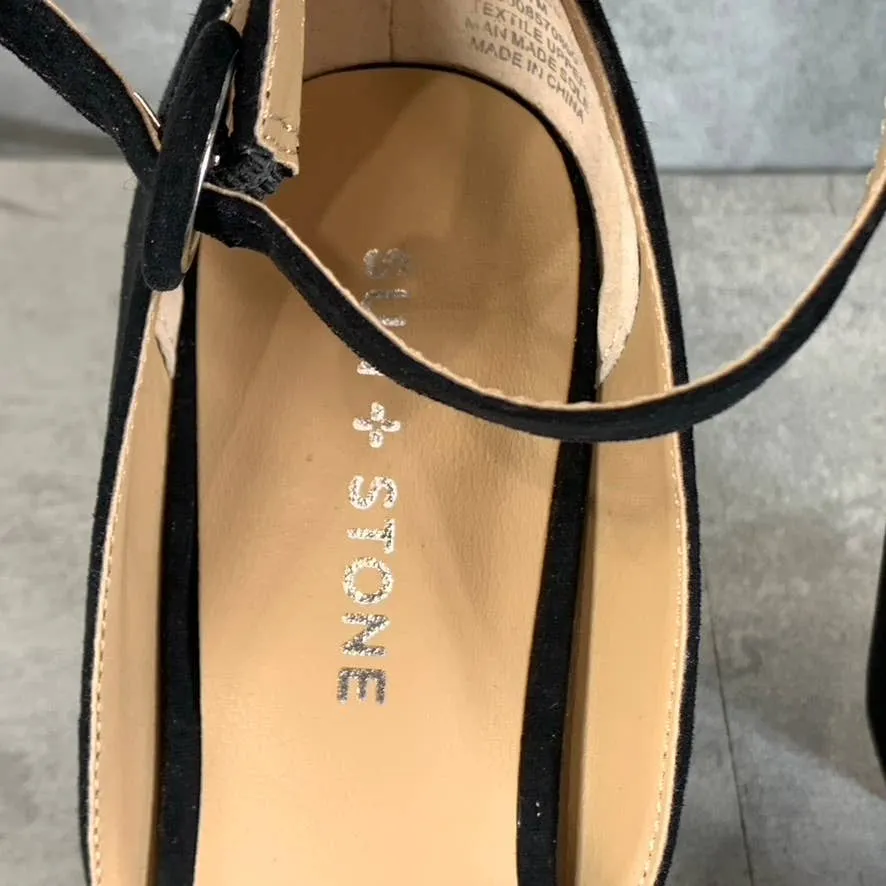 SUN STONE Women's Black Micro Reeta Block-Heel Ankle Strap Platform Heels SZ 7