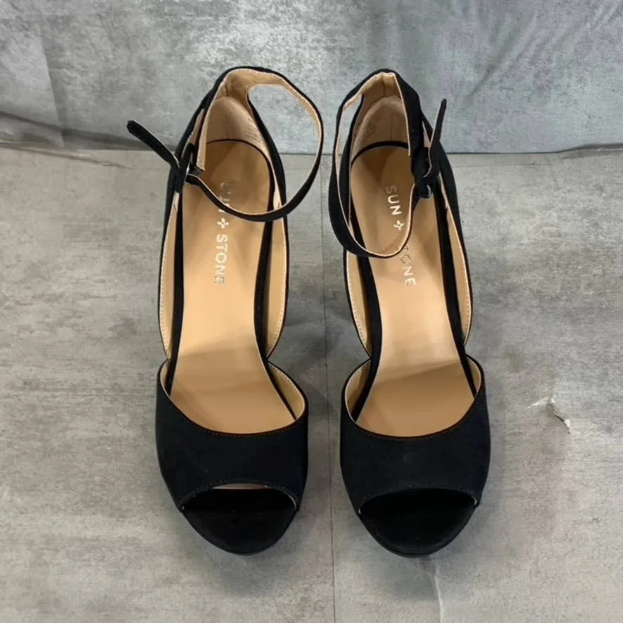 SUN STONE Women's Black Micro Reeta Block-Heel Ankle Strap Platform Heels SZ 7