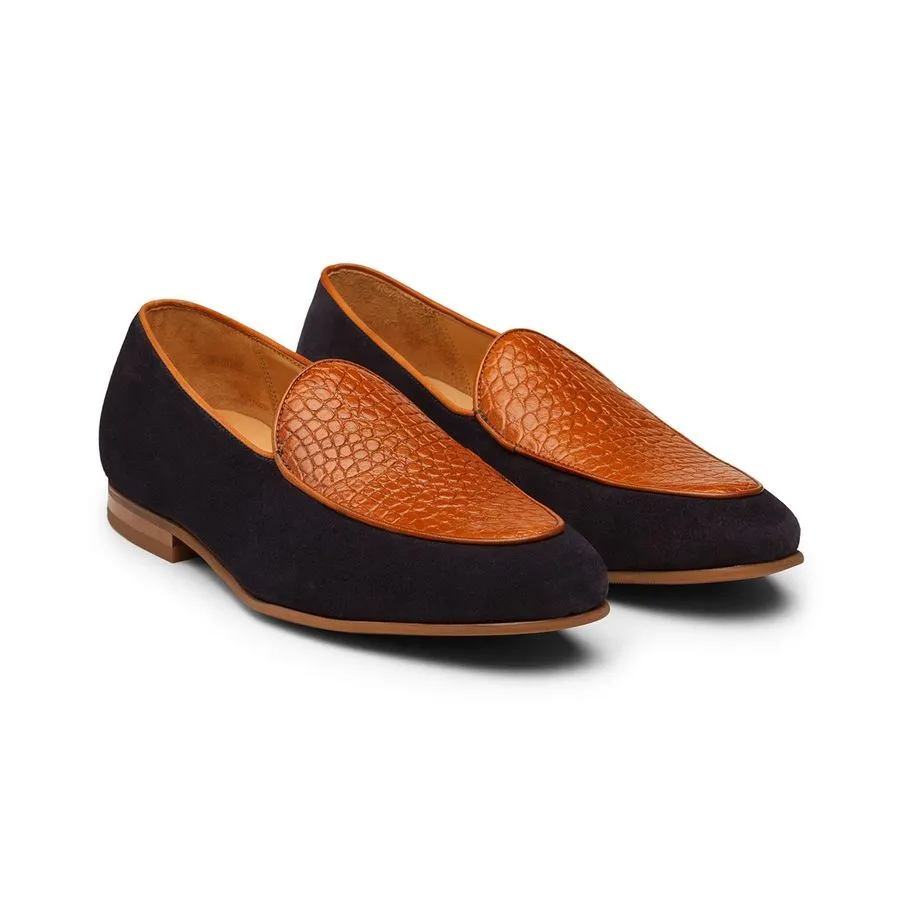 Tan   Navy Suede Croco Belgian Loafers