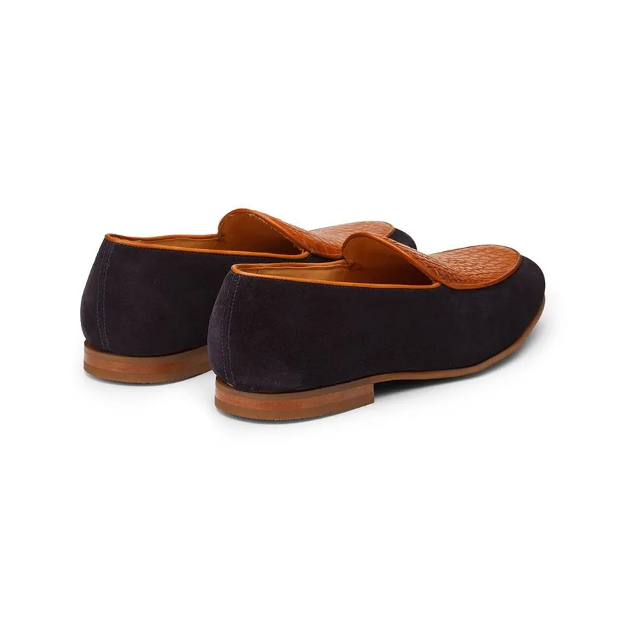 Tan   Navy Suede Croco Belgian Loafers