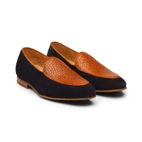 Tan   Navy Suede Croco Belgian Loafers