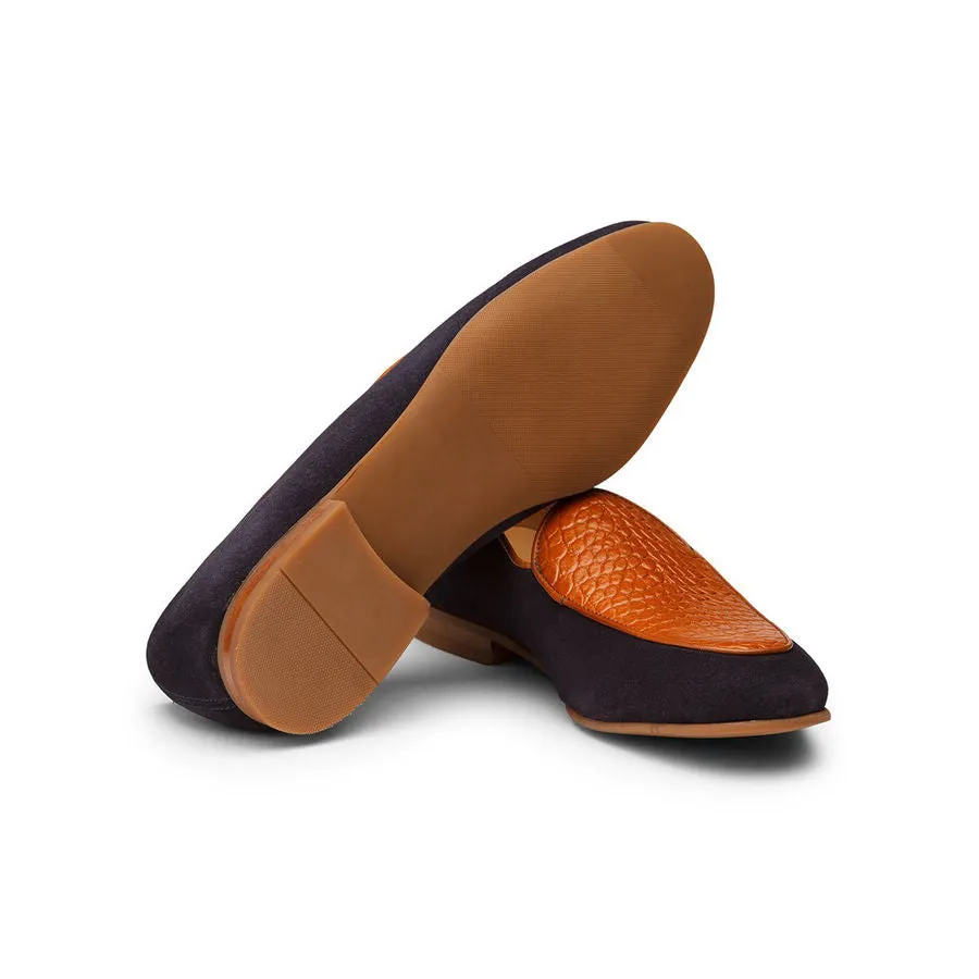 Tan   Navy Suede Croco Belgian Loafers