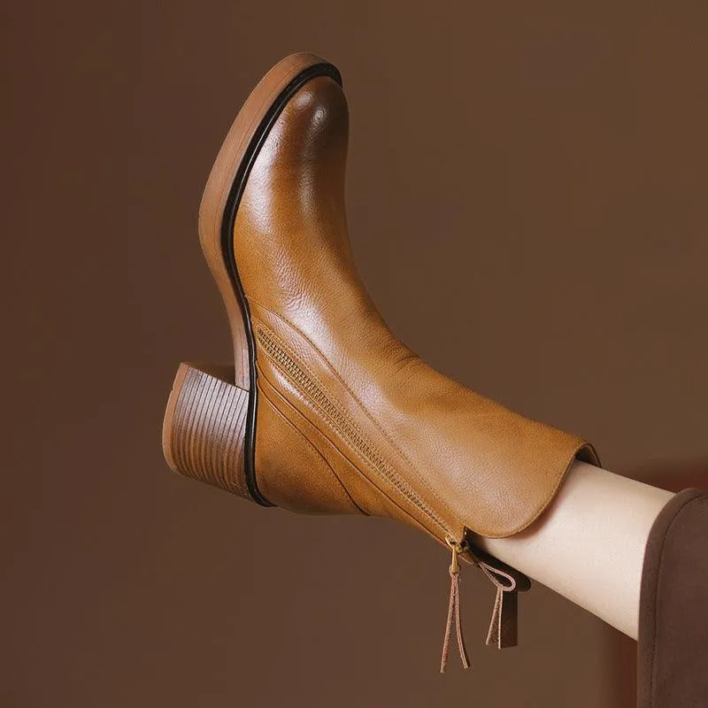 Thick Heel Brown Ankle Boots British Style Handsome