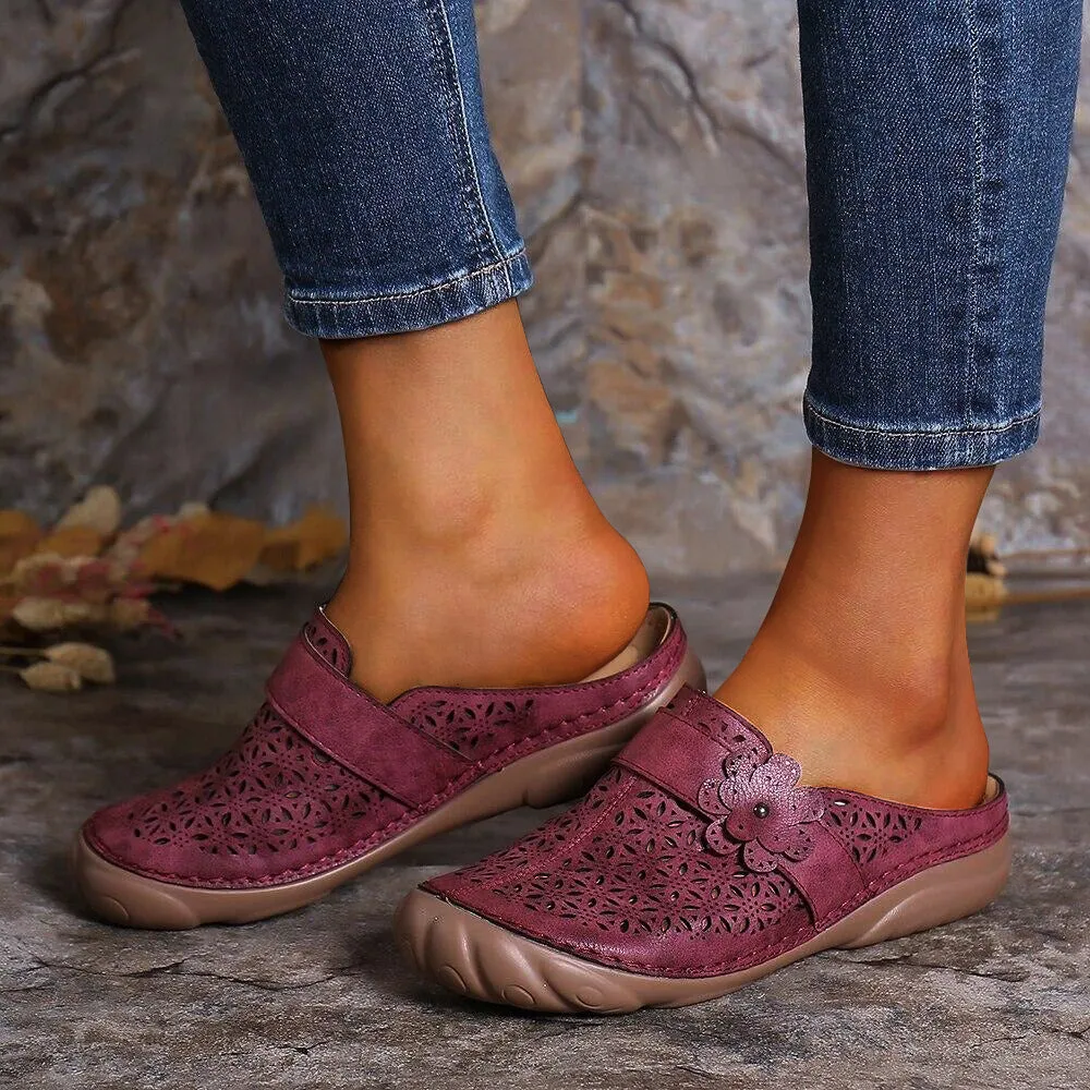Vanccy Leather Floral Women Flats Retro Style Mother Sandals