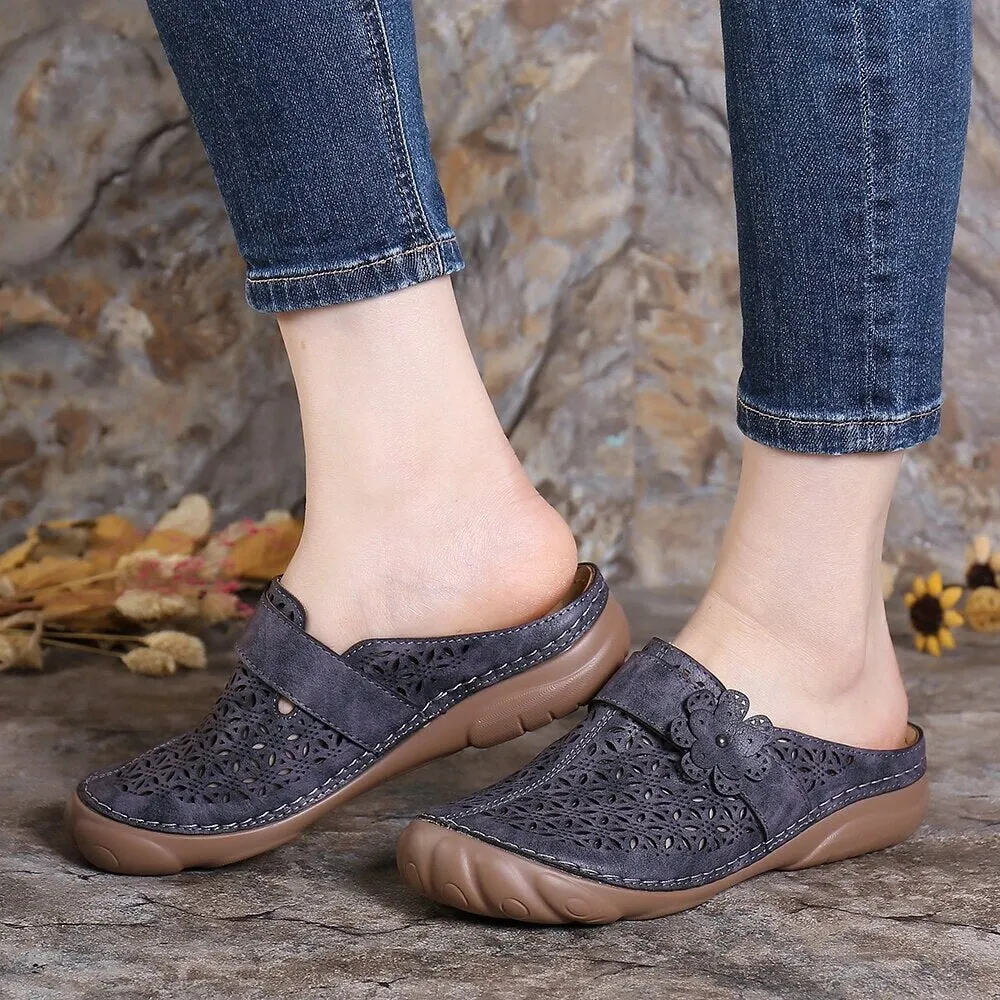 Vanccy Leather Floral Women Flats Retro Style Mother Sandals
