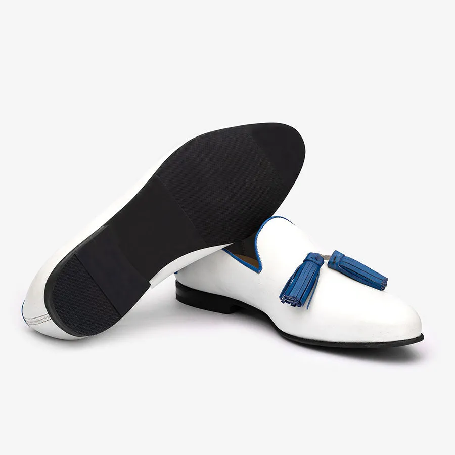 White Loafers with Blue Tassels
