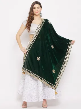 Women Bottle Green Velvet Dupatta With Gotta Patti Work