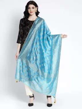 Women'S Sky Blue Printed Silk Dupatta