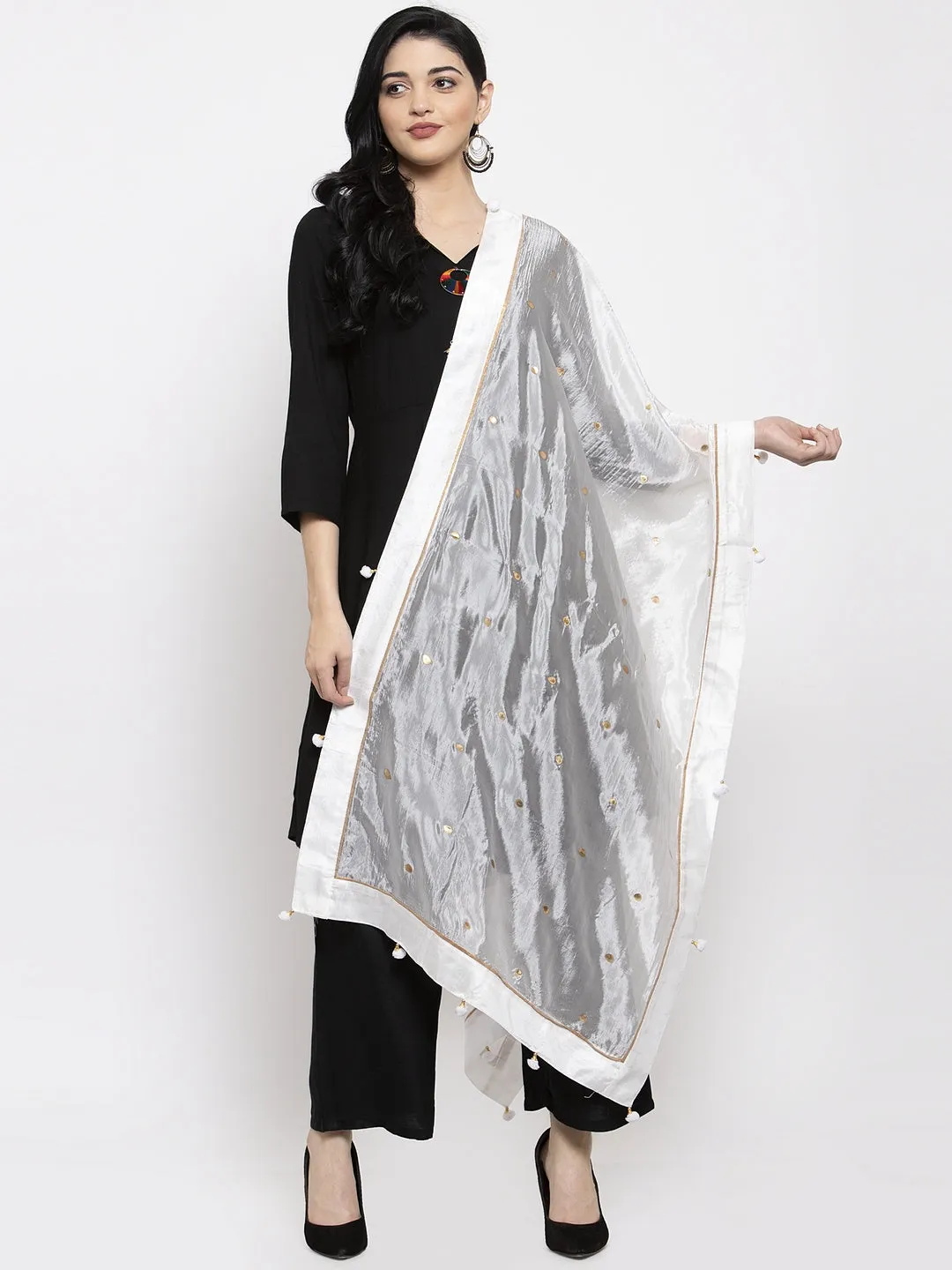 Women'S White Polka Dots Silk Dupatta